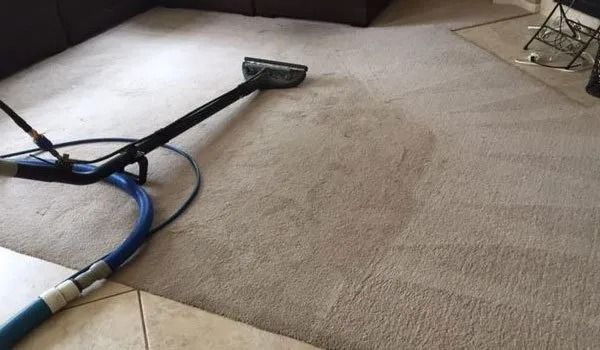Carpet being cleaned with a vacuum head and hose in a room, near a baseboard and tile floor.