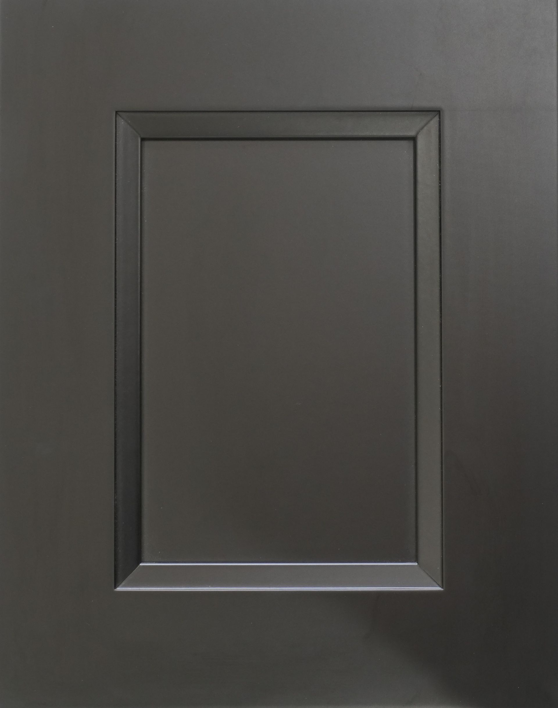 Black paneled cabinet door with recessed rectangular center on a dark background