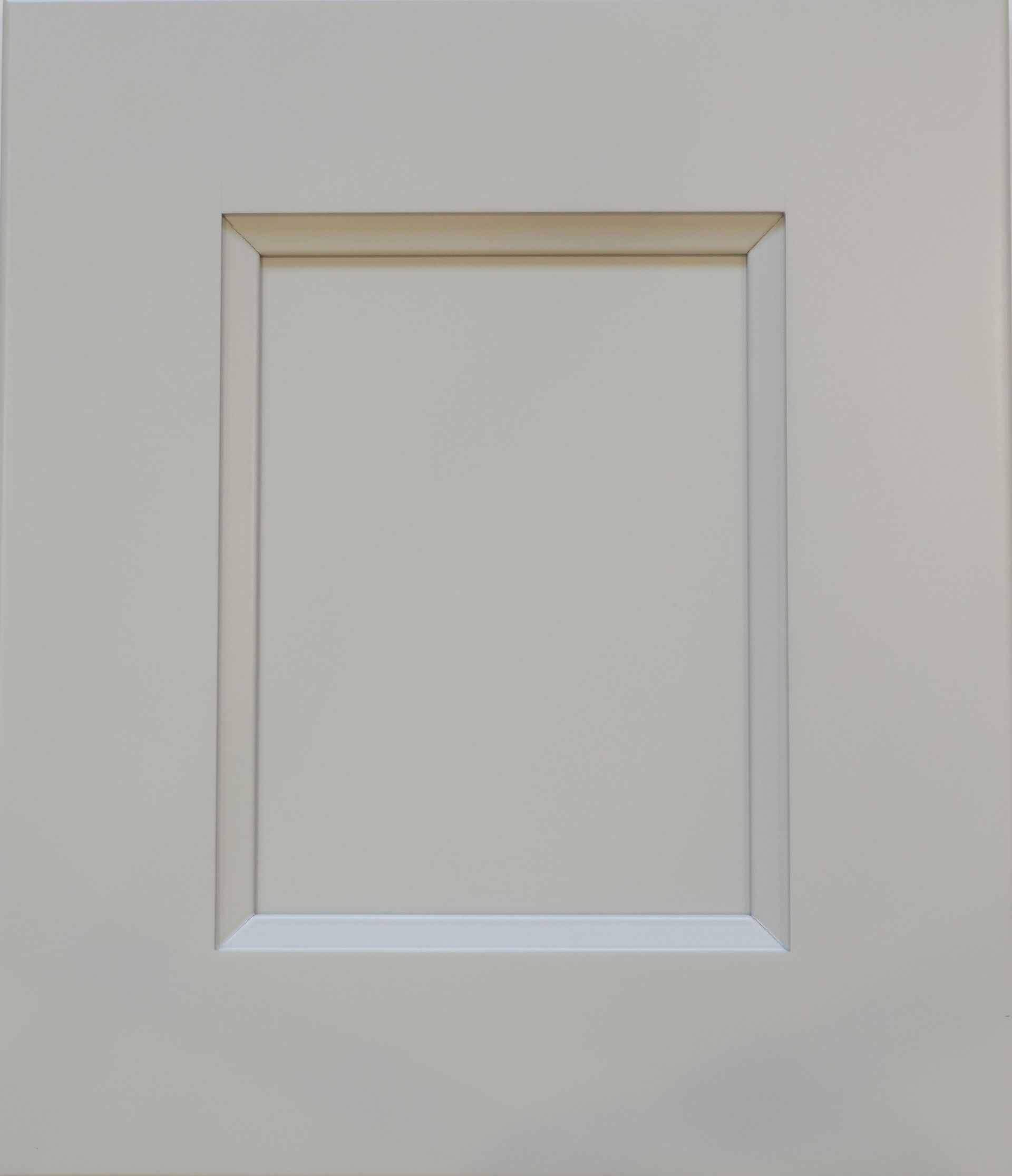 Beige cabinet door with a recessed rectangular panel and simple trim.