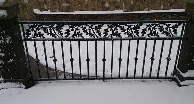 Snow-covered black metal gate with decorative ivy pattern, viewed in winter.