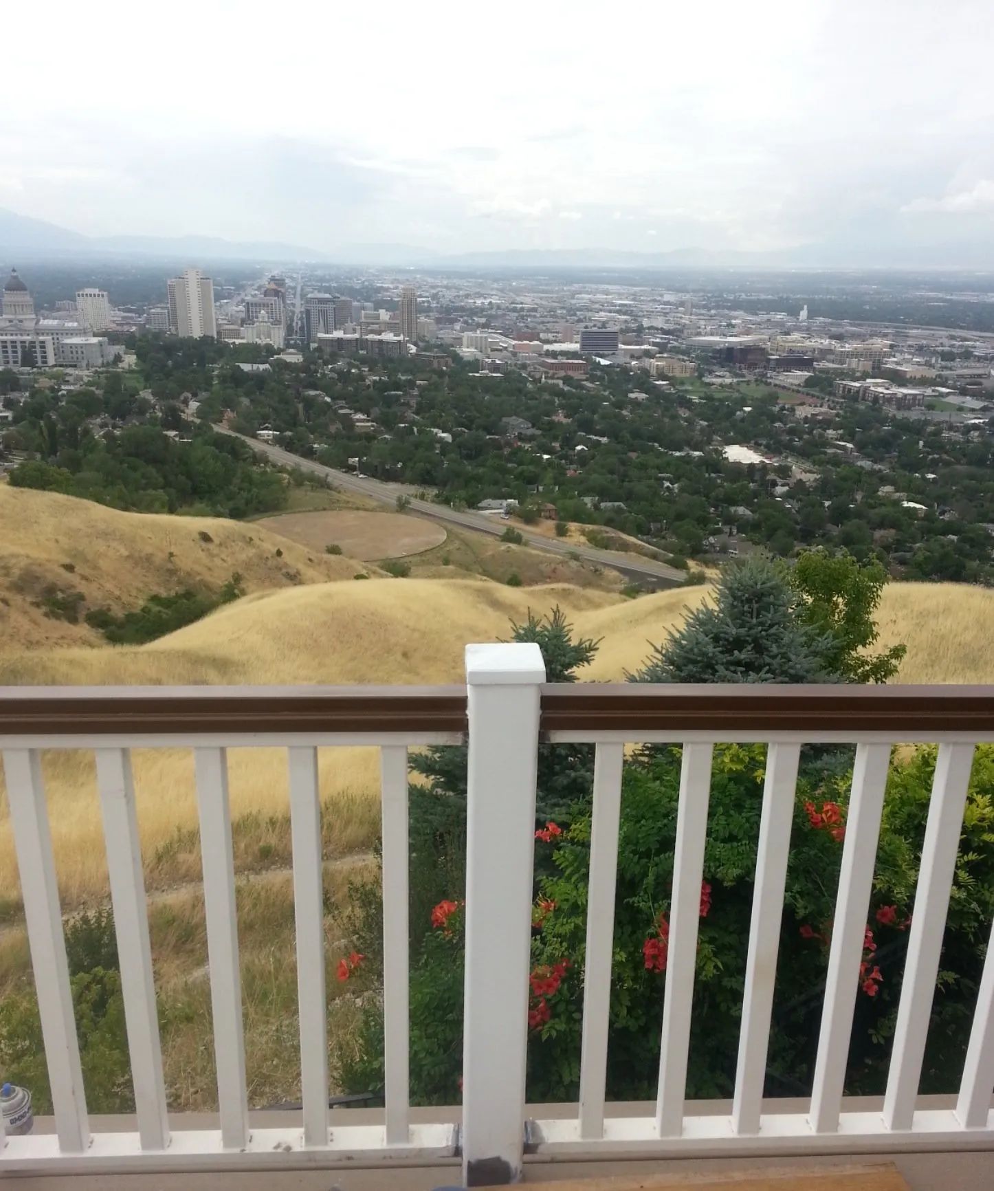 City skyline viewed from a hillside lookout, with a white railing in the foreground and overcast sky.