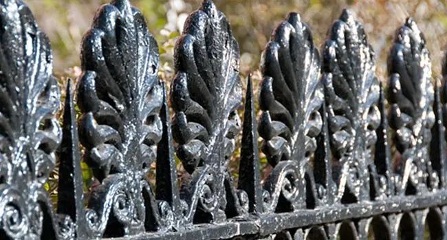 Close-up of ornate black wrought-iron fence with leaf-like decorative spikes
