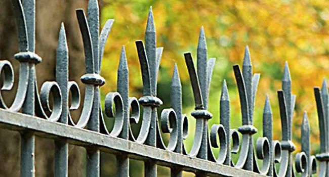 Black metal fence with pointed spear-like finials against a blurred yellow-green background