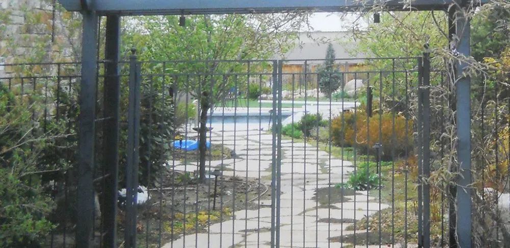 Iron gate overlooking a small garden path and trees in a fenced yard
