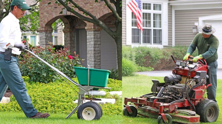 Man using a spreader, and another man mowing a lawn in a residential setting.