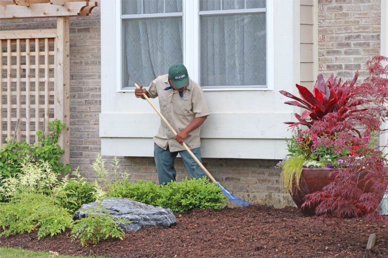 Man raking mulch in front of a house next to a decorative flower bed.