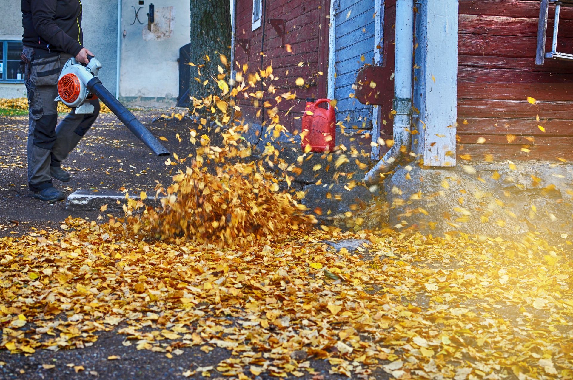 Person blowing leaves with a leaf blower on a driveway near a red building.