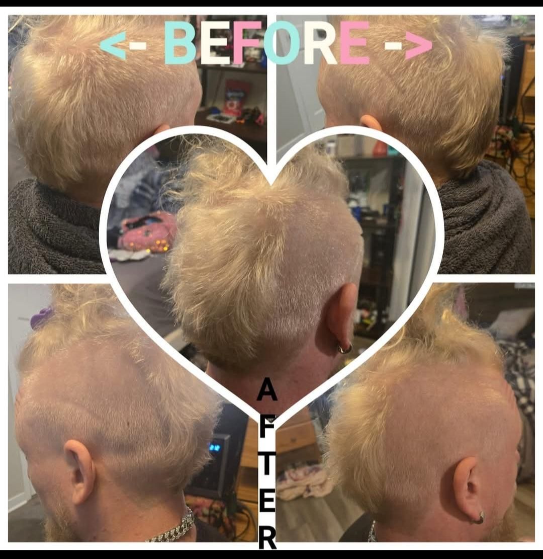 A before and after picture of a mohawk hairstyle.