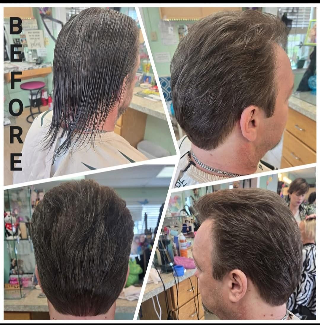 A collage of four pictures of a man 's hair before and after being cut.