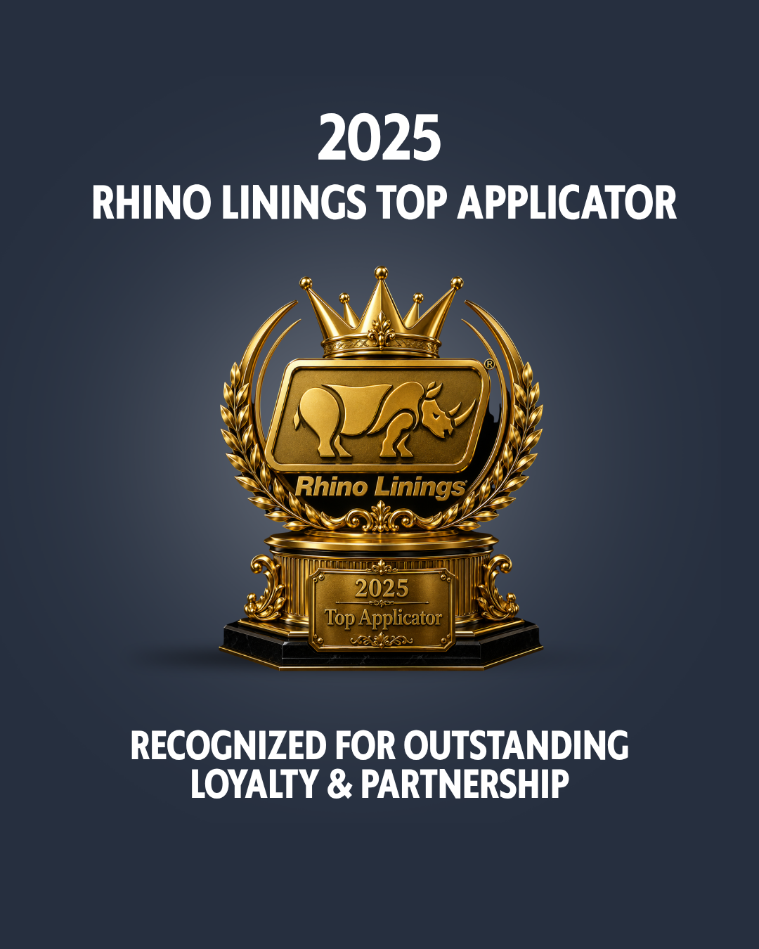 2025 Rhino Linings Top Applicator award plaque in gold with laurel wreath, on dark blue background