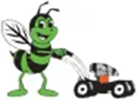 A smiling cartoon bee with green and black stripes pushing a lawn mower.