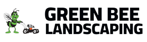 A green, cartoon bee pushing a lawnmower next to the bold, black text "GREEN BEE LANDSCAPING."