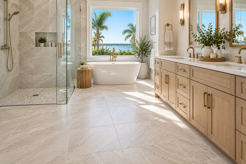Bright modern bathroom with freestanding tub, glass shower, wood vanity, and ocean view through open window.