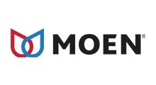 MOEN logo with red and blue emblem and black wordmark on a white background