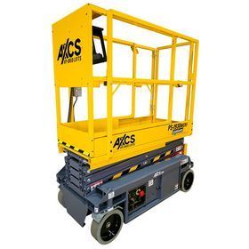 Yellow compact scissor lift with guardrails and black wheels, isolated on white background