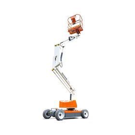 Orange and white cherry picker lift with raised boom and basket on wheels