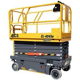 Yellow AXCS EL-4045E electric scissor lift with black base on a white background