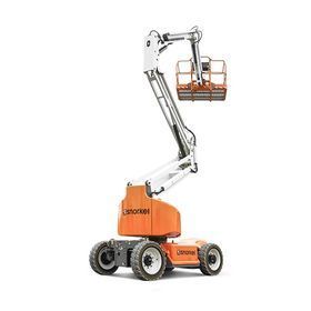 Orange articulated boom lift with raised work basket on white background