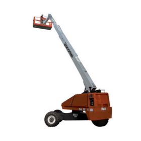 Orange and gray boom lift with elevated basket on a white background