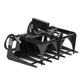 Black hydraulic grapple bucket attachment with metal tines on a white background