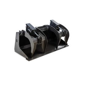 Black hydraulic grapple attachment on a white background
