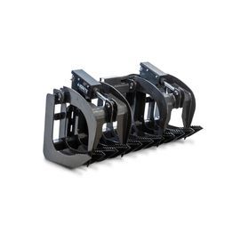 Black metal train wheel/rail clamps arranged in a row on a white background