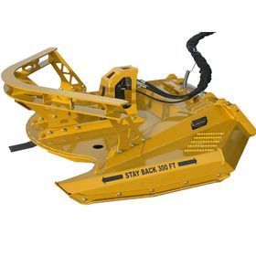 Yellow hydraulic rescue tool with black hose and “STAY BACK 100 FT” warning label