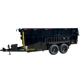 Black tandem-axle dump trailer with front hitch, shown on a white background