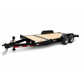 Black flatbed car trailer with wooden deck and dual axles on a white background