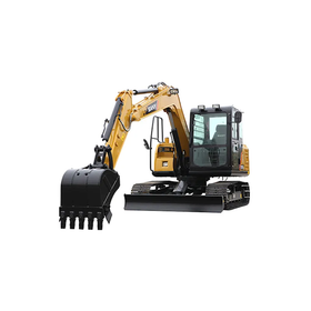 Yellow and black tracked excavator with raised bucket on a white background