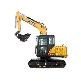 Yellow tracked excavator with raised bucket on a white background