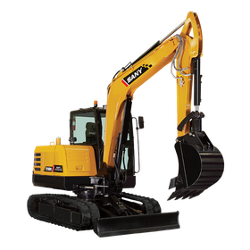 Yellow excavator with black tracks and a raised bucket isolated on a white background