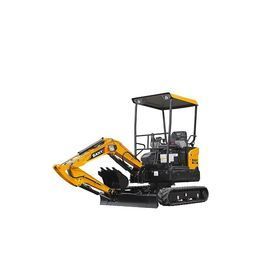 Yellow mini excavator with front bucket and black tracks on a white background