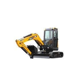 Yellow and black mini excavator isolated on a white background