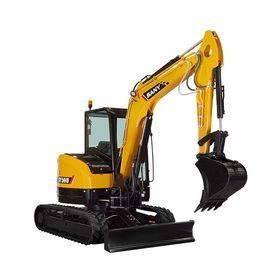 Yellow excavator with black tracks and bucket on a white background