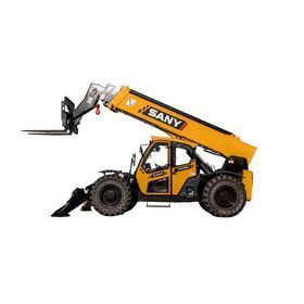 Yellow SANY telescopic loader with front bucket on a white background