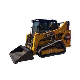 Yellow SANY skid steer loader with front bucket on a white background