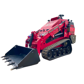 Red compact tracked loader with a front bucket on a white background