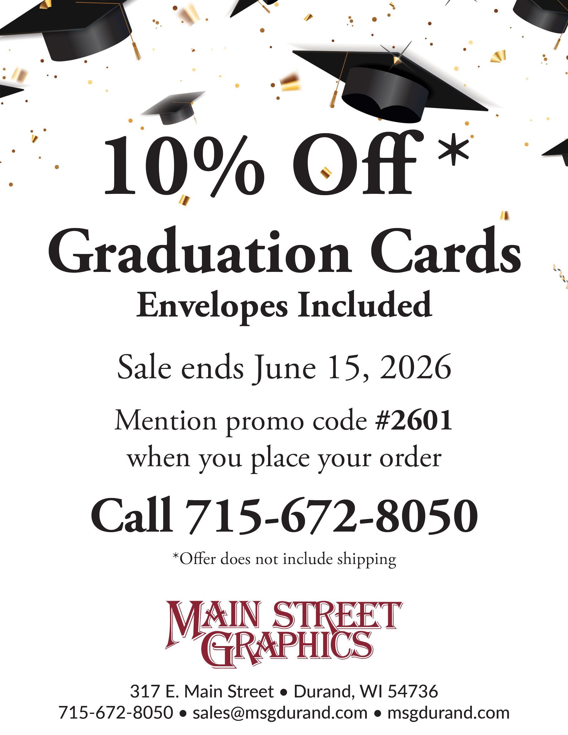 10% off graduation cards ad with envelope included, sale ends June 1