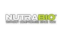 Logo for Nutrabio, a supplement company. Text in white and green, with the slogan 