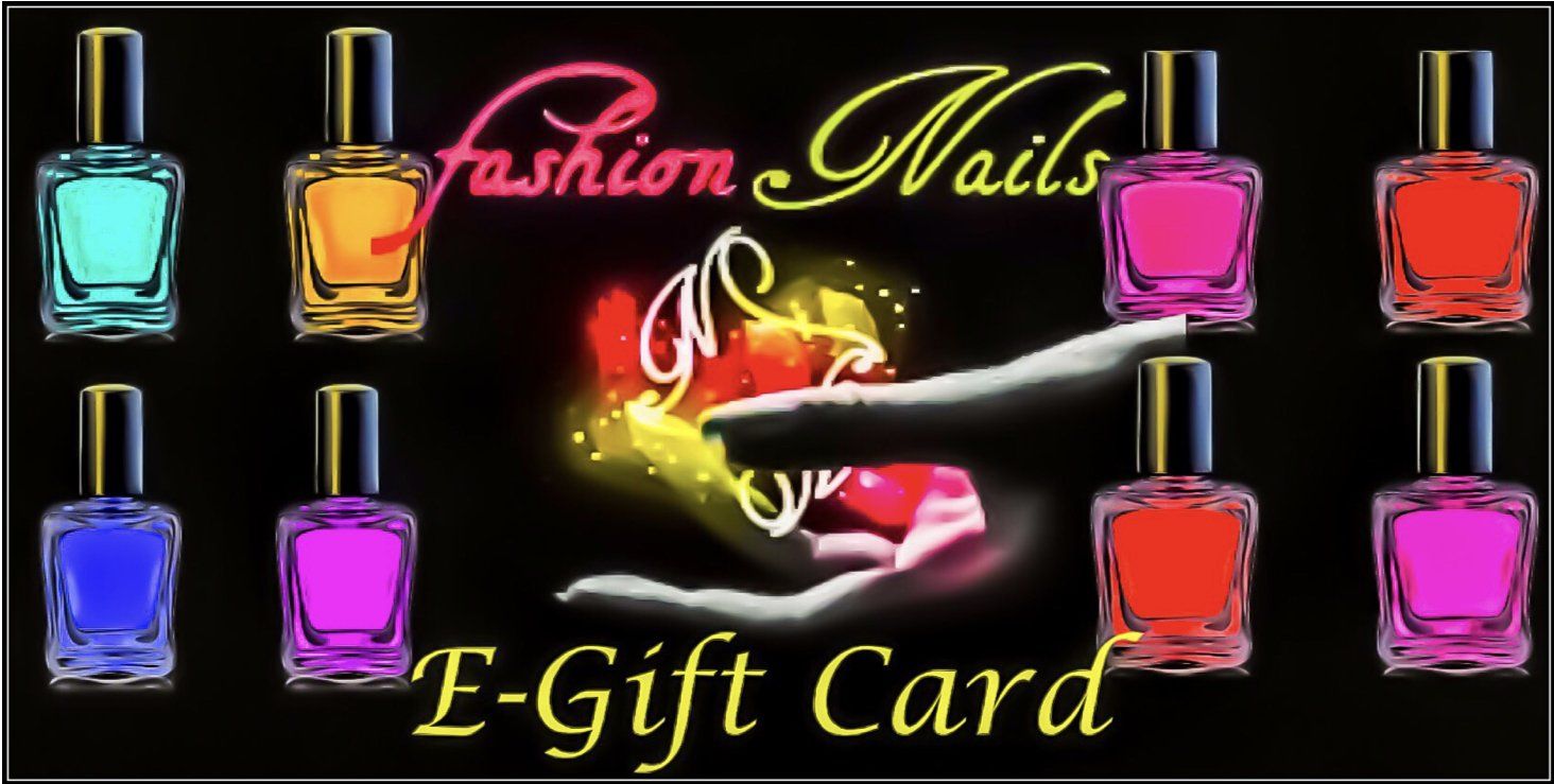 A gift card for fashion nails with bottles of nail polish