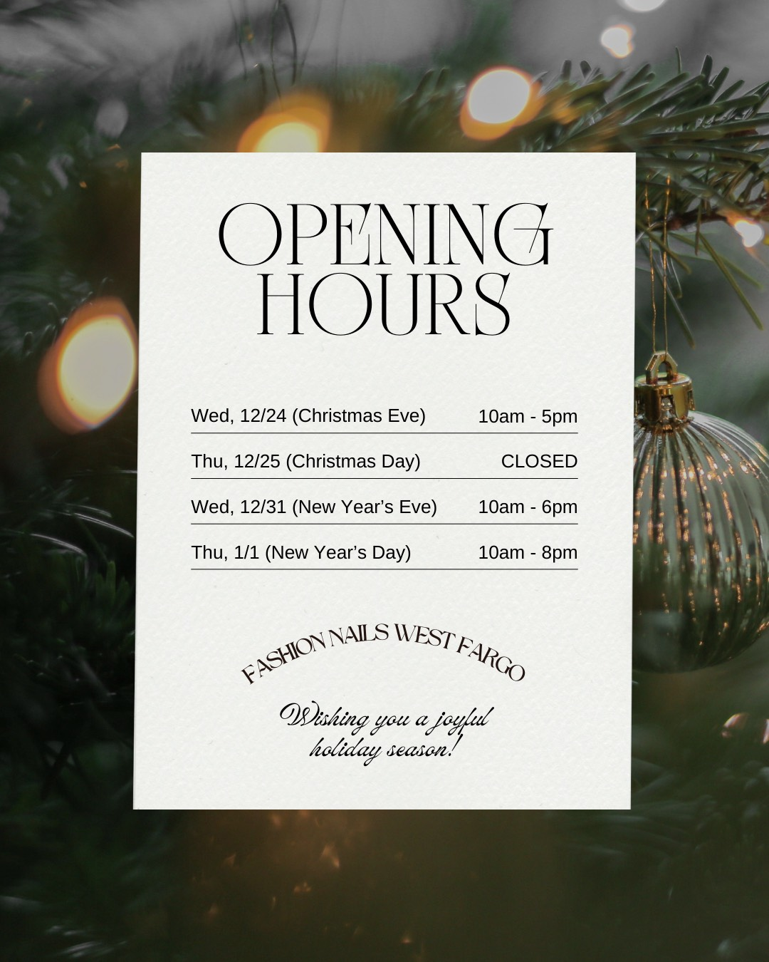 Opening hours announcement on a card against a festive background with a Christmas ornament.