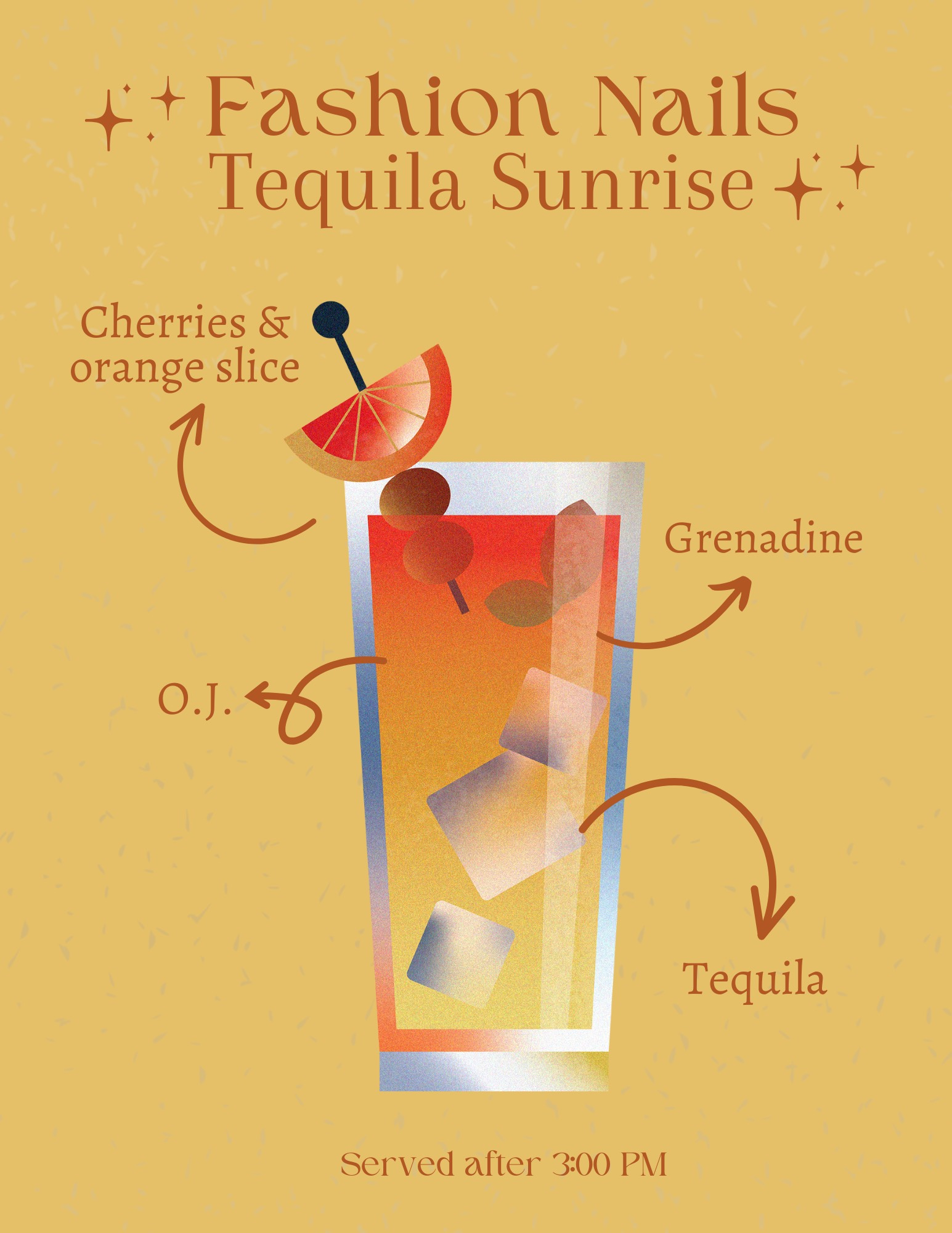 A recipe for a tequila sunrise with cherries and orange slices