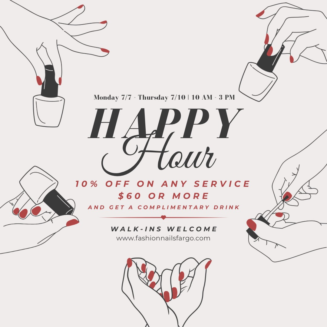 A poster for a happy hour offering 10% off on any service