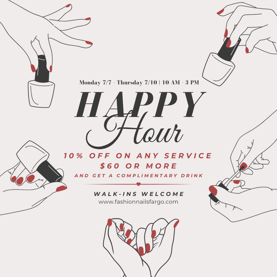 A poster for a happy hour offering 10% off on any service