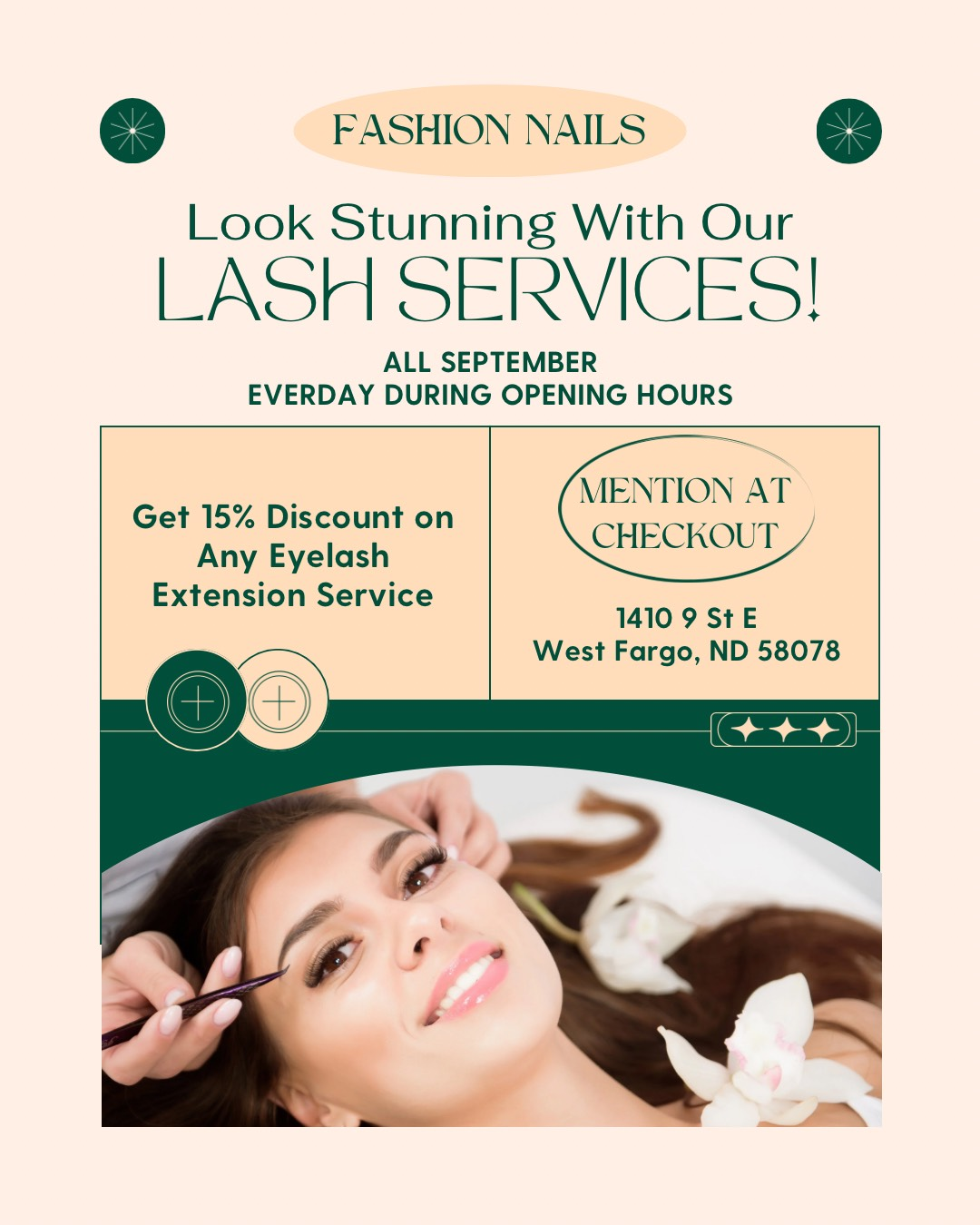 Advertisement for Fashion Nails' lash services. Woman getting lashes, green and beige background. Discount for September.
