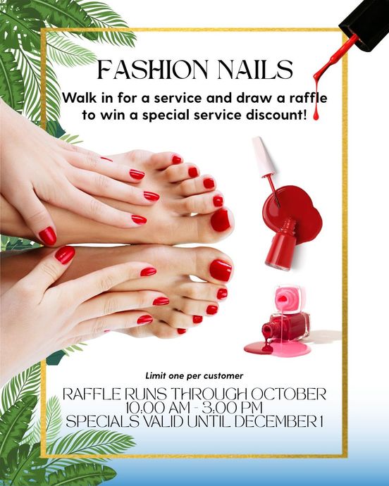 Advertisement for Fashion Nails: shows a person's manicured hands and feet with red nail polish. Offers raffle for discount.