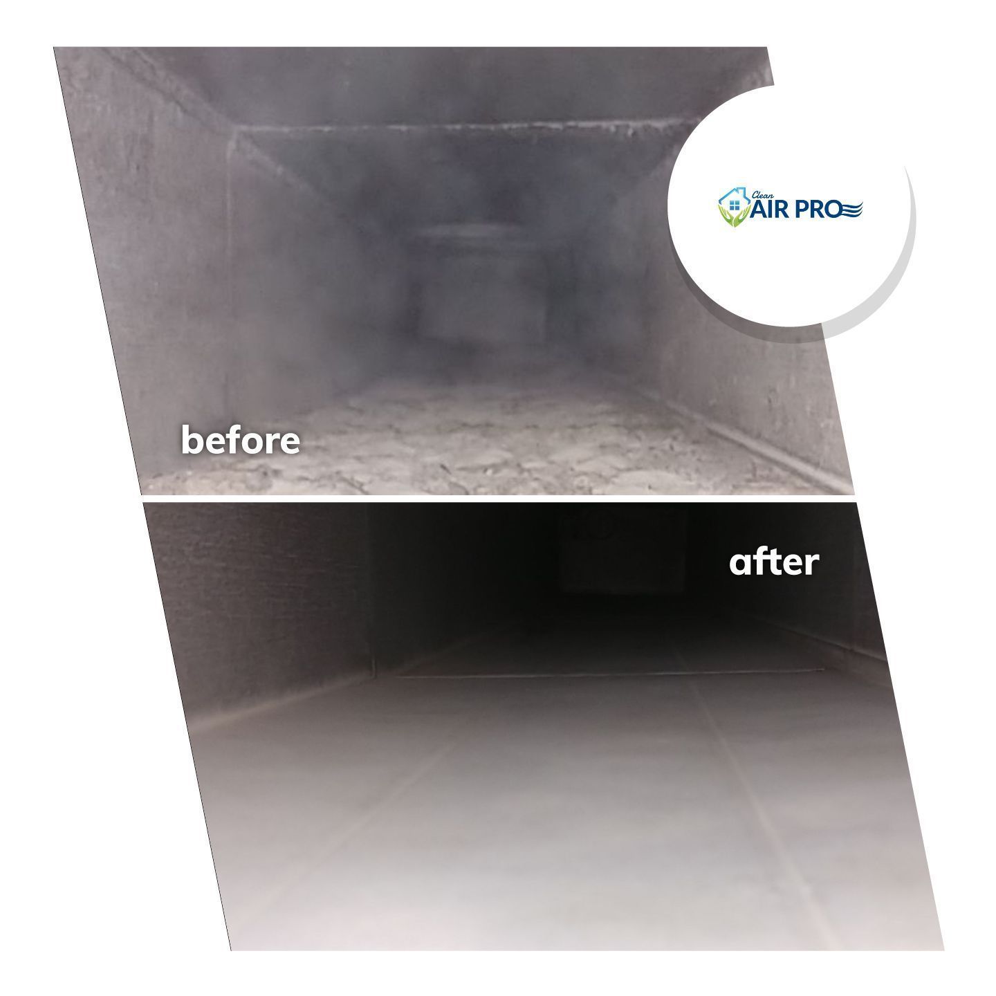 A before and after picture of a duct that has been cleaned.
