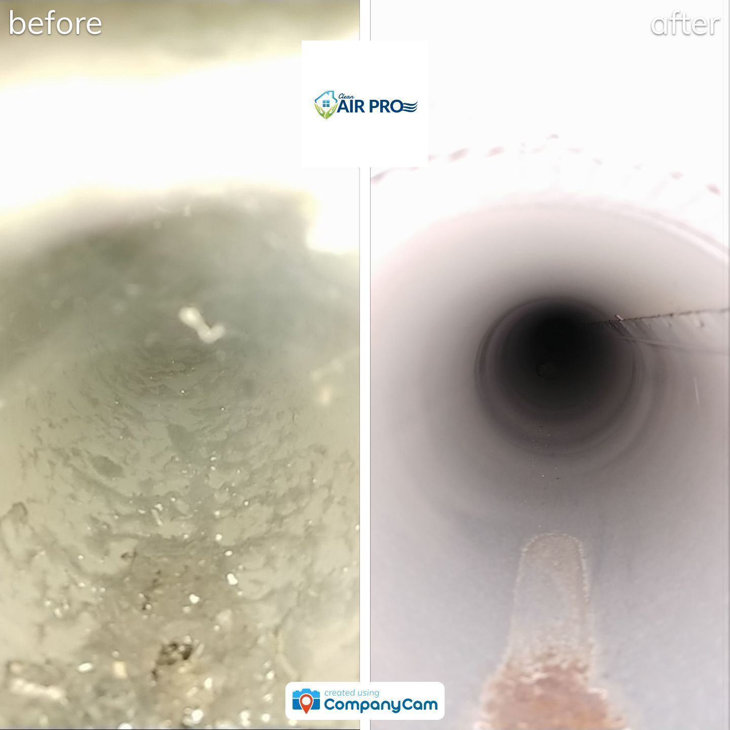 A before and after picture of a drain pipe.