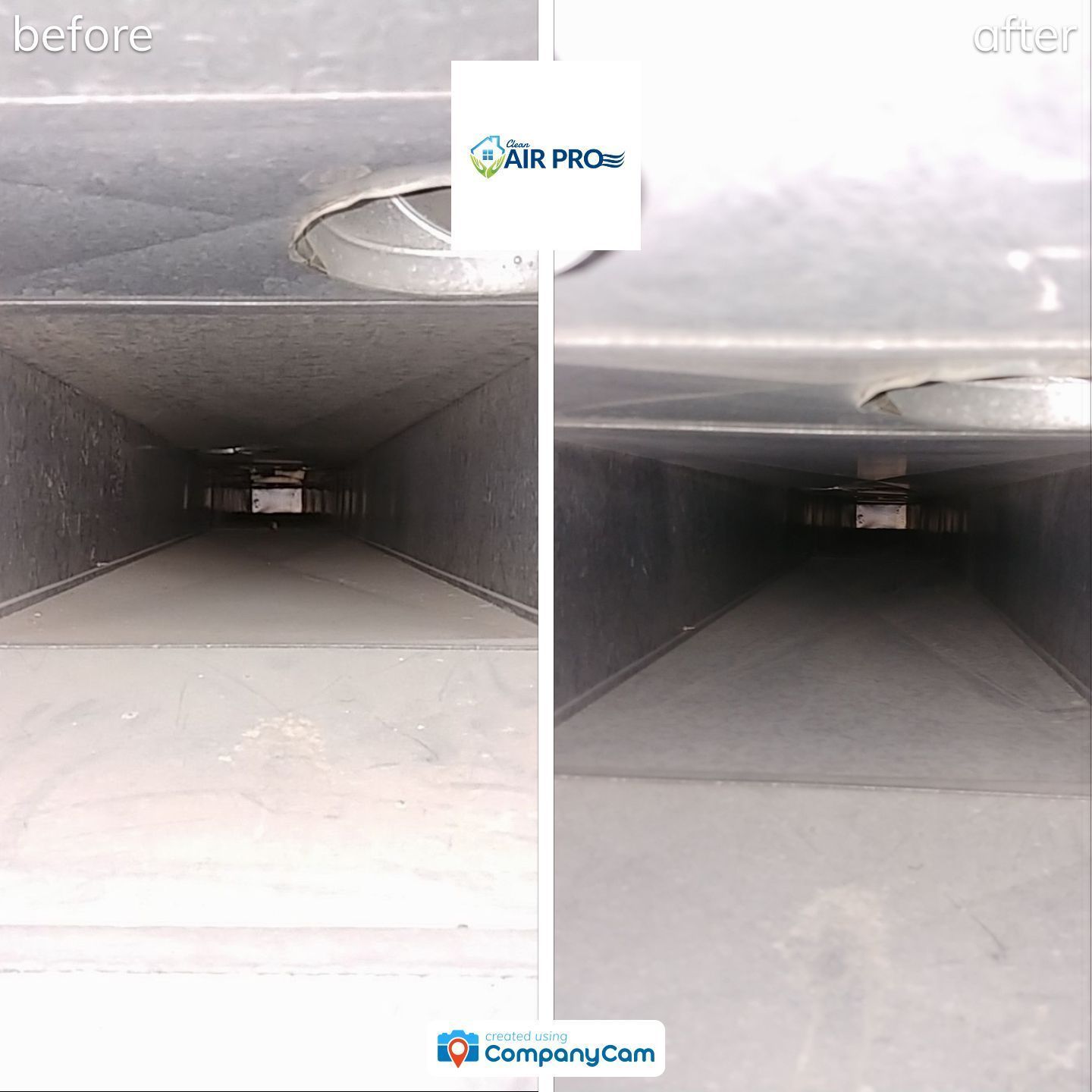 A before and after picture of a duct that has been cleaned.